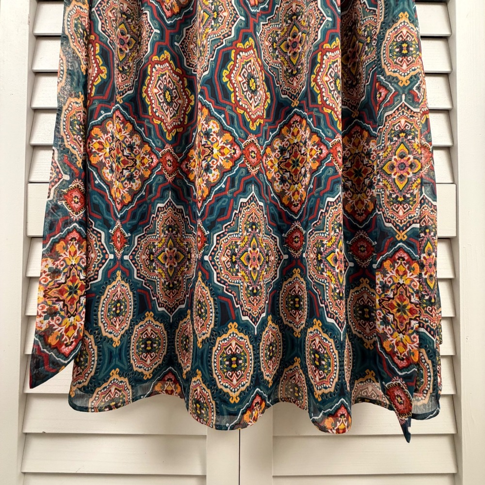 LOFT Midi Dress XL Teal Medallion Print Ruffle Split Neck Long Sleeve NEW - Picture 8 of 16
